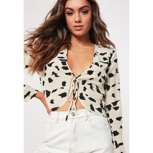 Cream Cow Print Tie Front Blouse